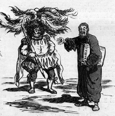 Vreugde van Rabelais bij het zien hoe Gustave Dore zich volledig identificeert met de mannen uit zijn geschriften. Cartoon van Cham. Gravure in 