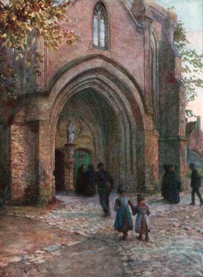 Kerkportaal (Evensong), Nieuport (kleurenlitho) door Amedee (after) Forestier