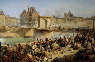 Revolutie van 1830, dag van juli: aanval op het stadhuis van Parijs en gevecht op de brug van Arcole, 28 juli 1830 door Amédée Bourgeois