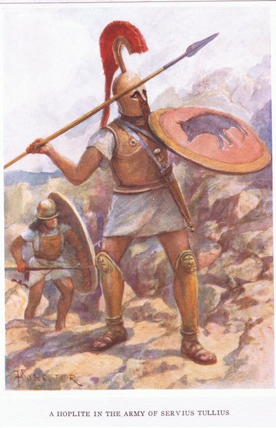 Een Hopliet in het leger van Servius Tullius, illustratie uit De Romeinse Soldaat, 1928 door Amedee Forestier