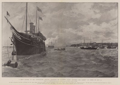 Een Geheime Raad op Zee, Raadsleden arriveren naast het Jacht van Zijne Majesteit Victoria en Albert in Cowes op 26 juli door Amedee Forestier