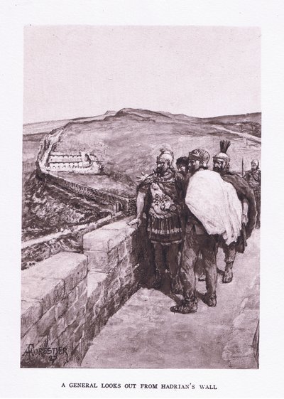 Een generaal kijkt uit over de Muur van Hadrianus, illustratie uit De Romeinse Soldaat, 1928 door Amedee Forestier