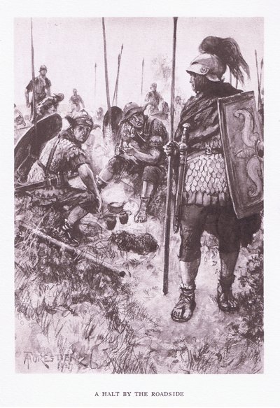 Een pauze langs de weg, illustratie uit De Romeinse Soldaat, 1928 door Amedee Forestier