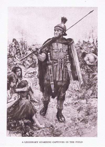 Een legioensoldaat bewaakt gevangenen in een veld, illustratie uit De Romeinse Soldaat, 1928 door Amedee Forestier