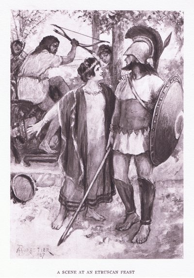Een scène bij een Etruskisch feest, illustratie uit De Romeinse Soldaat, 1928 door Amedee Forestier