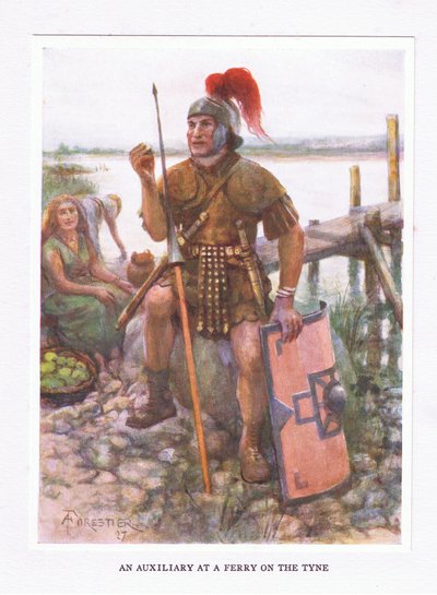 Een hulptroep bij een veerboot aan de Tyne, illustratie uit De Romeinse Soldaat, 1928 door Amedee Forestier