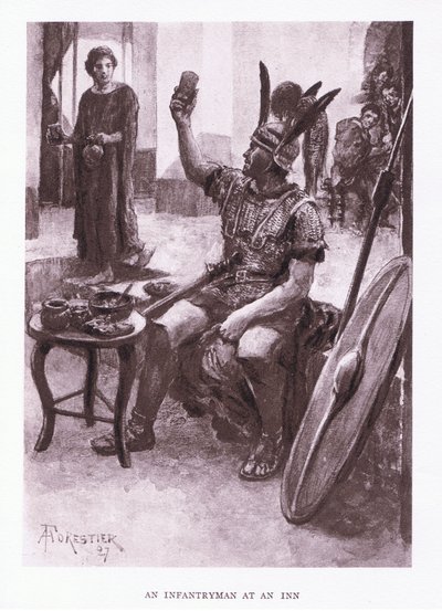 Een infanterist in een herberg, illustratie uit De Romeinse Soldaat, 1928 door Amedee Forestier