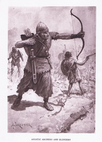 Aziatische boogschutters en slingeraars, illustratie uit De Romeinse Soldaat, 1928 door Amedee Forestier