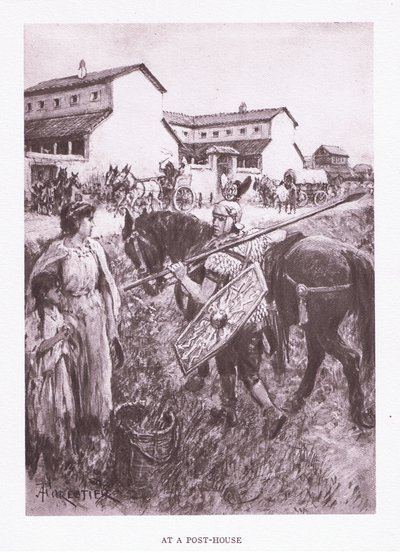 Bij een posthuis, illustratie uit De Romeinse Soldaat, 1928 door Amedee Forestier