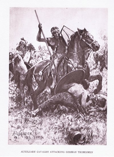 Hulptroepen cavalerie die Duitse stammen aanvallen, illustratie uit De Romeinse Soldaat, 1928 door Amedee Forestier