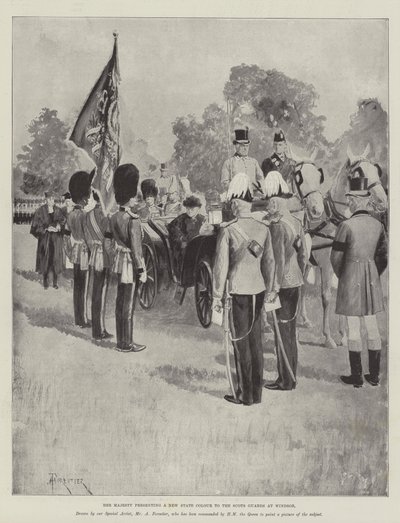 Hare Majesteit presenteert een nieuwe staatskleur aan de Scots Guards in Windsor door Amedee Forestier