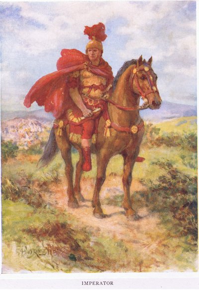 Imperator: oorspronkelijk, zoals hier, werd de zegevierende Romeinse generaal door zijn soldaten in het veld begroet. Later was de titel alleen voorbehouden aan keizers, illustratie uit De Romeinse Soldaat, 1928 door Amedee Forestier