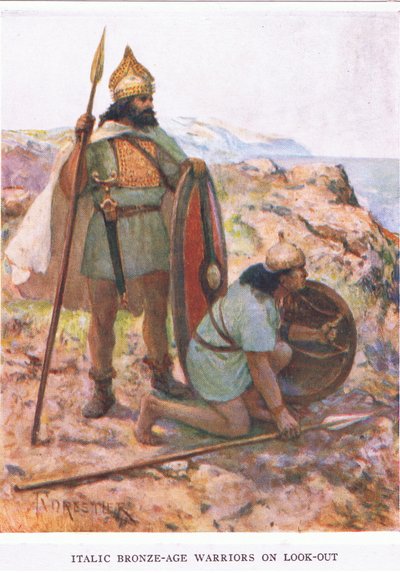 Italiaanse Bronstijd krijgers op de uitkijk, illustratie uit 