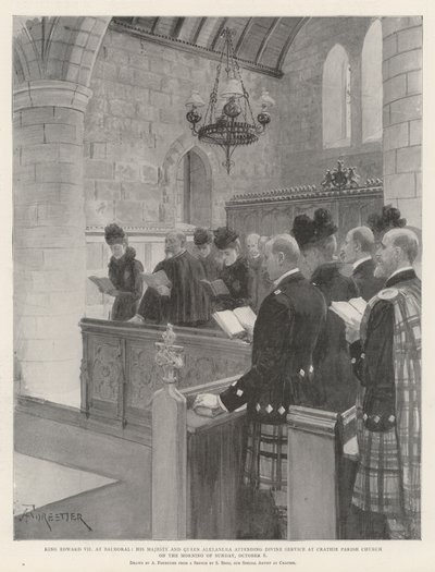 Koning Edward VII in Balmoral, Zijne Majesteit en Koningin Alexandra bij de Eredienst in de Crathie Parochiekerk op de Ochtend van Zondag 6 Oktober door Amedee Forestier