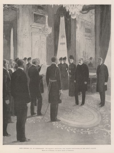 Koning Edward VII in Kopenhagen, Zijne Majesteit ontvangt de Deense deputatie in het paleis van de koning door Amedee Forestier
