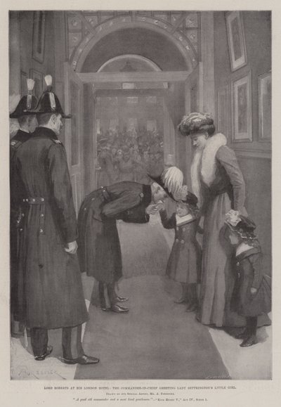 Lord Roberts in zijn Londense hotel, de opperbevelhebber begroet het kleine meisje van Lady Settrington door Amedee Forestier