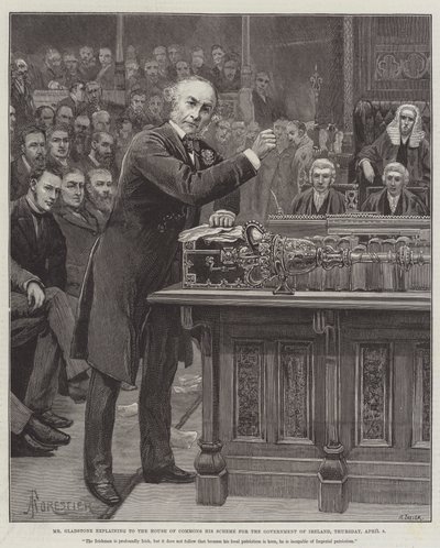 Mr Gladstone legt zijn Plan voor de Regering van Ierland uit aan het Lagerhuis, donderdag 8 april door Amedee Forestier