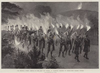 Onze keizerlijke gasten, aankomst van de tsaar en tsarina in Balmoral, begeleid door Highlanders met fakkels door Amedee Forestier