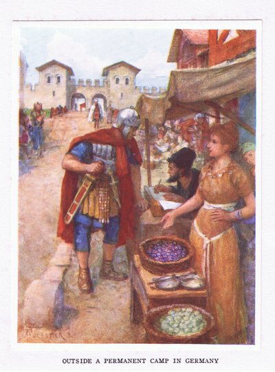 Buiten een permanent kamp in Duitsland, illustratie uit De Romeinse Soldaat, 1928 door Amedee Forestier