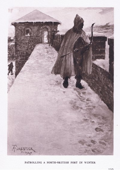 Patrouilleren bij een noordelijk Brits fort in de winter, illustratie uit De Romeinse Soldaat, 1928 door Amedee Forestier