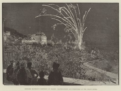 Verjaardag van prinses Beatrice in Grasse, verlichting en vuurwerk in het Grand Hotel door Amedee Forestier