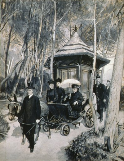 Koningin Victoria rijdend in een muilezelwagen met John Brown aanwezig door Amedee Forestier