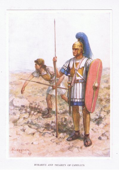Rorarius en Triarius bij Camillus, illustratie uit De Romeinse Soldaat, 1928 door Amedee Forestier