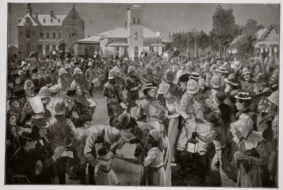 De Britse Bezetting van Bloemfontein - Een avondconcert op het marktplein door de doedelzakken van de Highland Brigade door Amedee Forestier