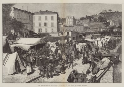De aardbeving aan de Rivièra, kampement op de Place des Carmes, Mentone door Amedee Forestier