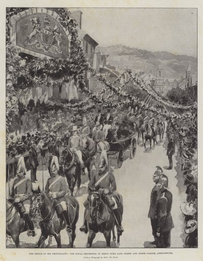 De Prins in zijn Prinsdom, de Koninklijke Processie in Great Duke Gate Street en North Parade, Aberystwith door Amedee Forestier