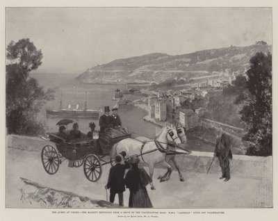 De Koningin in Cimiez, Hare Majesteit keert terug van een rit langs de Villefranche Road, HMS Cambrian voor anker bij Villefranche door Amedee Forestier