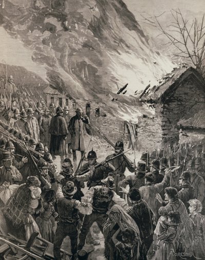 De Huur Oorlog in Ierland: Het verbranden van de huizen van uitgezette huurders in Glenbeigh, County Derry, uit 