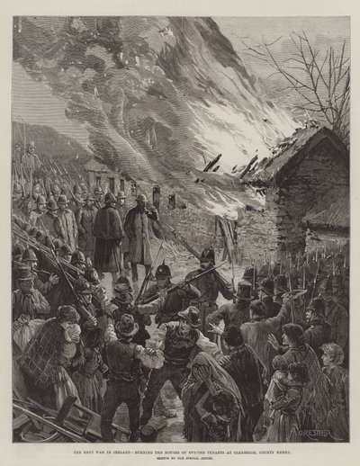 De huurstrijd in Ierland, het verbranden van de huizen van uitgezette huurders in Glenbeigh, County Kerry door Amedee Forestier