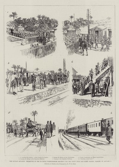 De Vooruitgang in Soedan, Vertrek van het 6e Royal Warwickshire Regiment naar het Front vanaf Sidi-Gaber Station, Ramleh, op 9 januari door Amedee Forestier