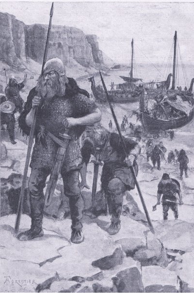 De Vikingen ontdekken Amerika, uit Mijn Tijdschrift, uitgegeven 1922 (litho) door Amedee Forestier