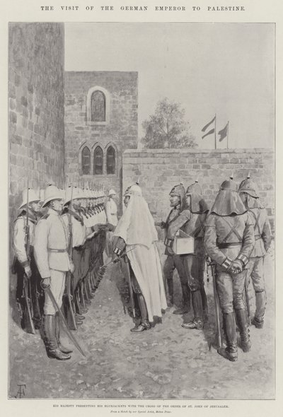 Het bezoek van de Duitse keizer aan Palestina, Zijne Majesteit presenteert zijn matrozen het Kruis van de Orde van Sint Jan van Jeruzalem door Amedee Forestier