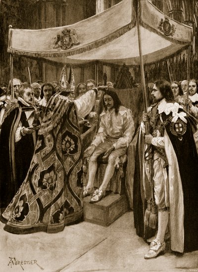 De zalving van Karel I door George Abbot, aartsbisschop van Canterbury, in Westminster Abbey, op Maria-Lichtmis, 1626 door Amedee Forestier