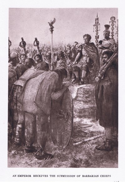De keizer ontvangt de onderwerping van barbaarse stamhoofden, illustratie uit De Romeinse Soldaat, 1928 door Amedee Forestier