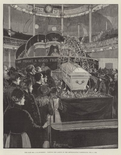 De overleden heer C H Spurgeon, het bekijken van de Kist in de Metropolitan Tabernacle, 9 februari 1892 door Amedee Forestier