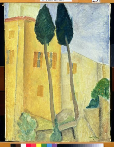 Cipressen en huis, 1919 door Amedeo Modigliani