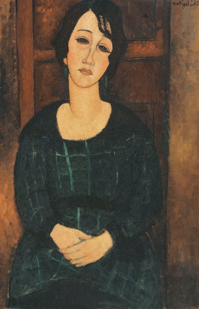 Vrouw in een geruite jurk door Amedeo Modigliani