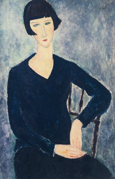 Jonge vrouw met pony of jonge zittende vrouw in blauwe jurk door Amedeo Modigliani