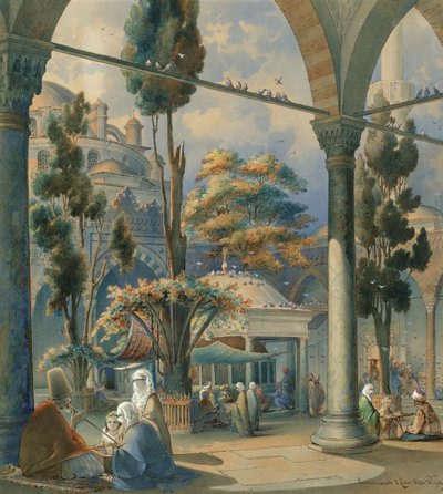 Binnenplaats van de Sultan Bayezid Moskee in Constantinopel door Amedeo Preziosi
