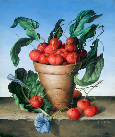 Kersen in terracotta met blauwe bloem door Amelia Kleiser