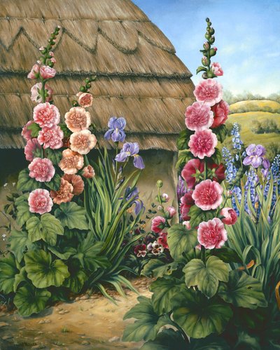 Tuin met stokrozen door Amelia Kleiser