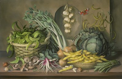 Knoflook en radijzen en een pauwvlinder, 1997 door Amelia Kleiser