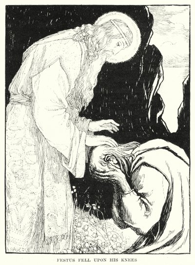 Festus viel op zijn knieën (gravure) door Amelia M. (attr.to) Bowerley or Bauerle