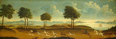 Jachtscène met een haven door American 18th Century