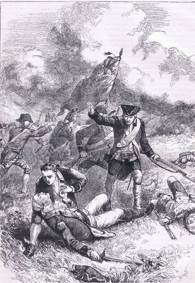 Dood van majoor Pitcairn, illustratie uit Cassells Geschiedenis van de Verenigde Staten gepubliceerd door Cassell, Petter & Galpin, ca. 1900 (litho) door American English school
