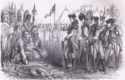 Generaal Burgoyne spreekt de indianen toe, illustratie uit Cassells Geschiedenis van de Verenigde Staten gepubliceerd door Cassell, Petter & Galpin, ca. 1900 (litho) door American English school